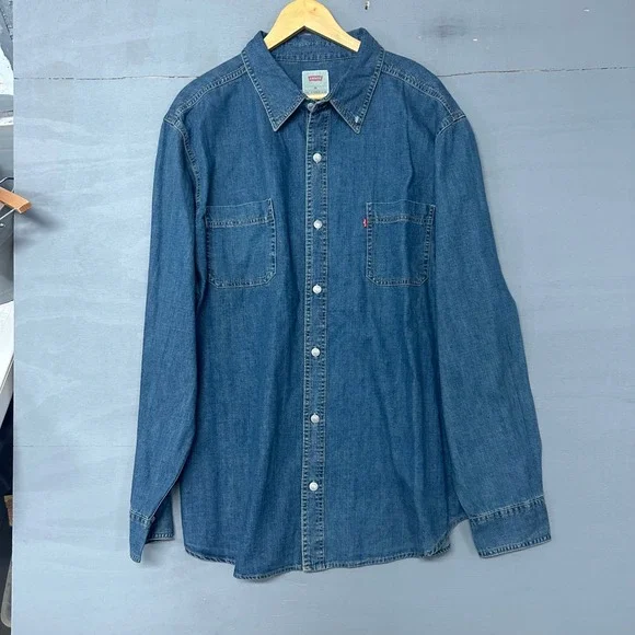 Levis Mens Long Sleeve Woven Denim Shirt Authentic Stonewash Blue XXL NEW - Picture 2 of 4